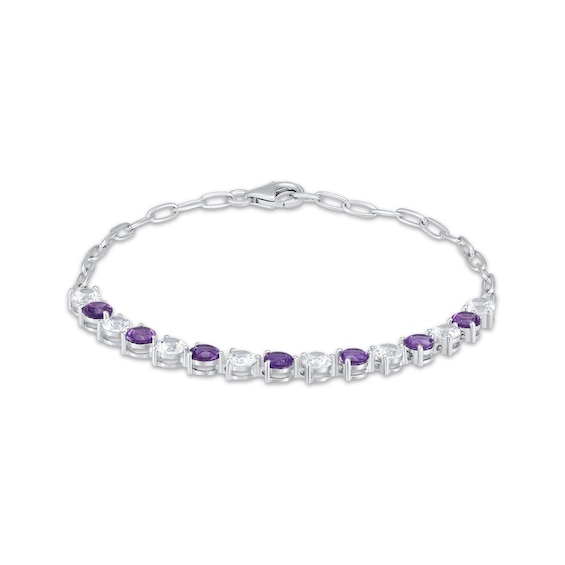 Amethyst & White Lab-Created Sapphire Link Bracelet Sterling Silver 7.25"