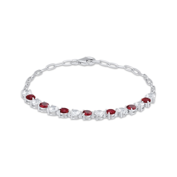 Garnet & White Lab-Created Sapphire Link Bracelet Sterling Silver 7.25"
