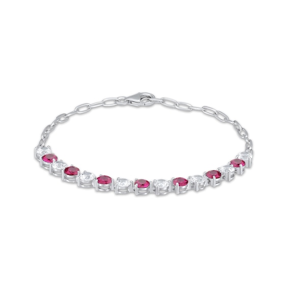 Lab-Created Ruby & White Lab-Created Sapphire Link Bracelet Sterling Silver 7.25"
