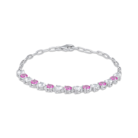 Pink & White Lab-Created Sapphire Link Bracelet Sterling Silver 7.25"