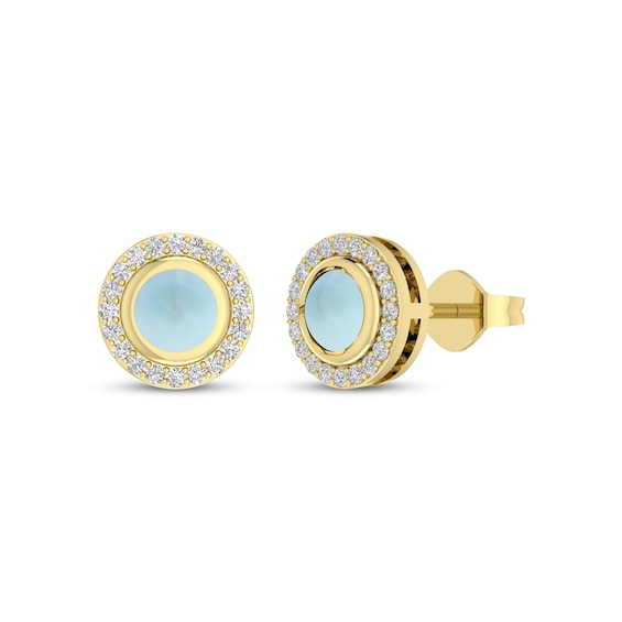 Natural Aquamarine Cabochon & White Lab-Created Sapphire Stud Earrings 18K Yellow Gold-Plated Sterling Silver