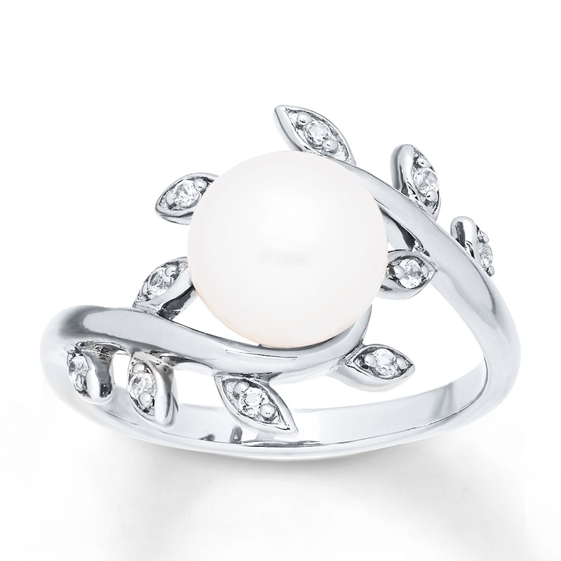 Cultured Pearl Ring Lab-Created White Sapphires Sterling Silver