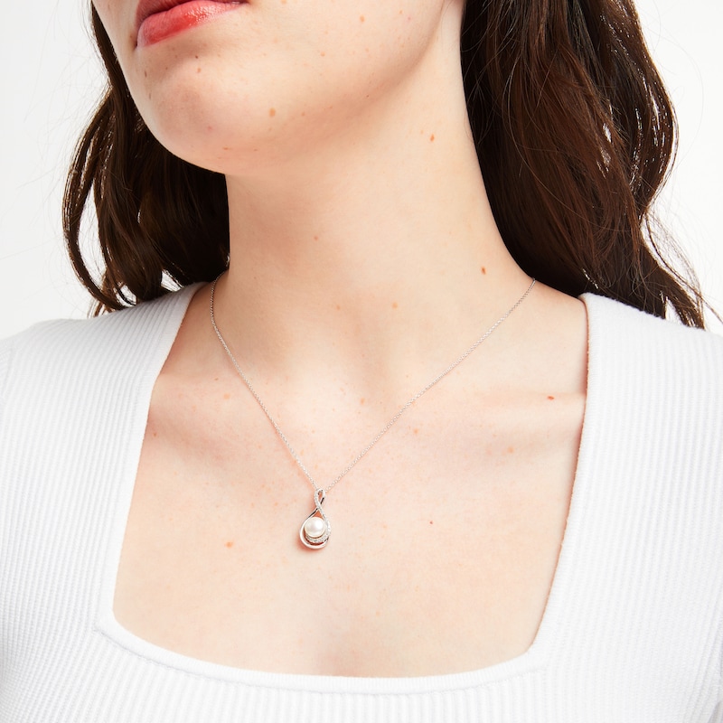 Main Image 5 of Cultured Pearl Necklace 1/10 ct tw Diamonds Sterling Silver 18"