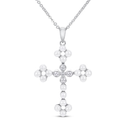 Freshwater Cultured Pearl & White Lab-Created Sapphire Cross Necklace Sterling Silver 19"