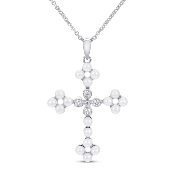 Freshwater Cultured Pearl & White Lab-Created Sapphire Cross Necklace Sterling Silver 19"
