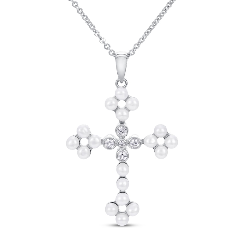 Main Image 1 of Freshwater Cultured Pearl & White Lab-Created Sapphire Cross Necklace Sterling Silver 19&quot;