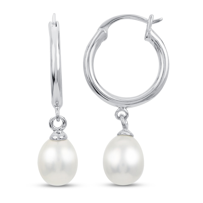 Cultured Pearl Dangle Hoop Earrings Sterling Silver