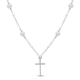 Freshwater Cultured Pearl Cross Necklace Sterling Silver 19.5&quot;