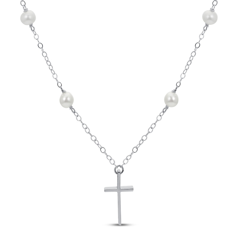 Freshwater Cultured Pearl Cross Necklace Sterling Silver 19.5"