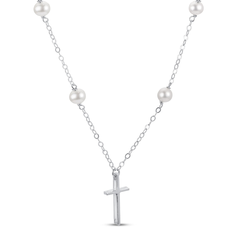 Freshwater Cultured Pearl Cross Necklace Sterling Silver 19.5"