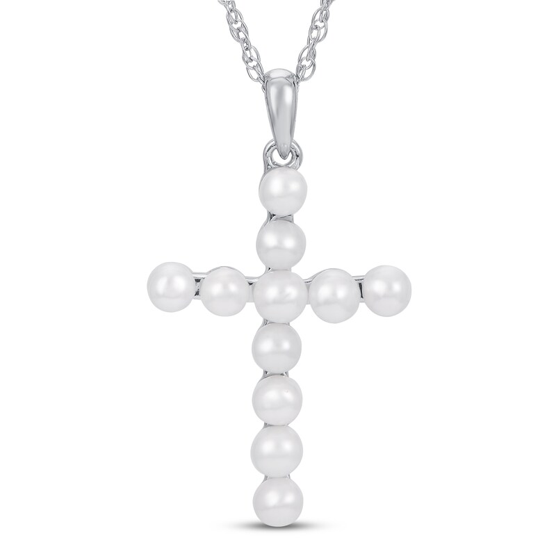Main Image 1 of Freshwater Cultured Pearl Cross Necklace Sterling Silver 18&quot;