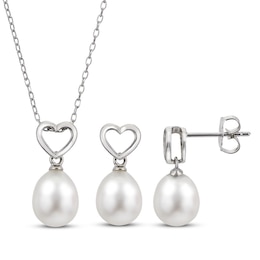 Freshwater Cultured Pearl Heart Earrings & Necklace Boxed Set Sterling Silver