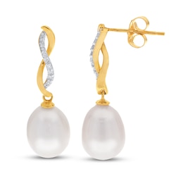 Freshwater Cultured Pearl Drop Earrings 1/10 ct tw Diamonds 14K Yellow Gold