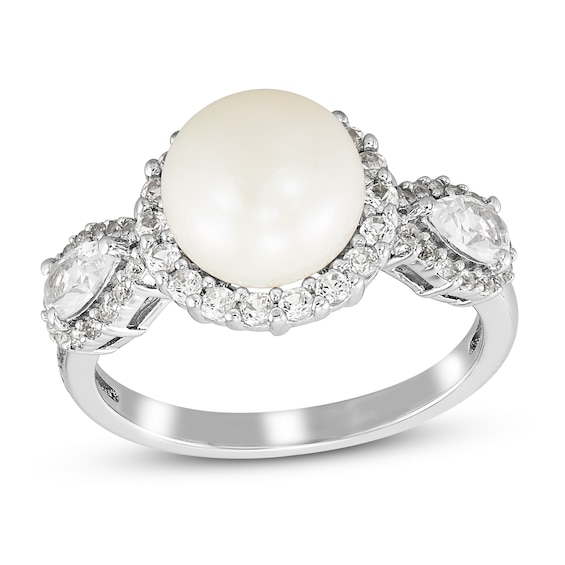 Cultured Pearl & White Lab-Created Sapphire Ring Sterling Silver