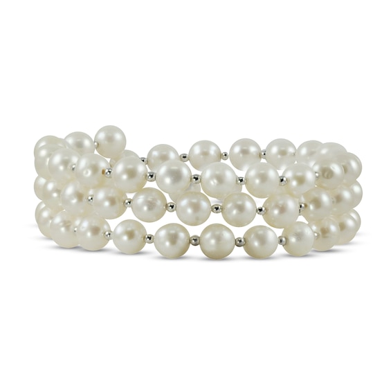 Cultured Pearl Beaded Bangle Sterling Silver 7"
