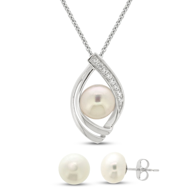 Cultured Pearl & White Lab-Created Sapphire Boxed Set Sterling Silver