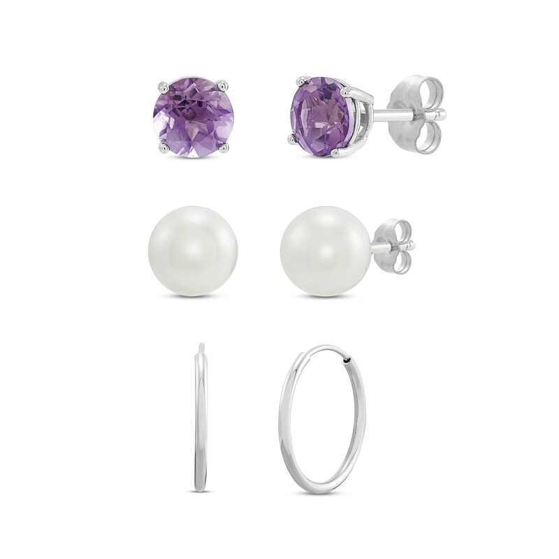 Amethyst/Cultured Pearl/Sterling Silver Earrings Set