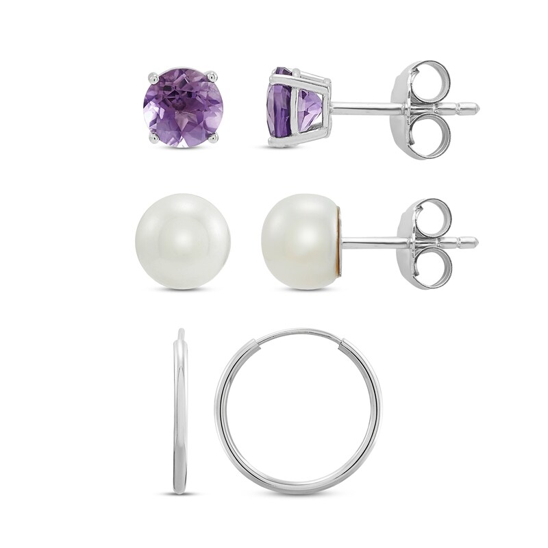 Amethyst/Cultured Pearl/Sterling Silver Earrings Set