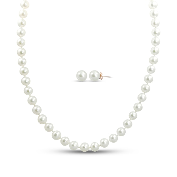 Akoya Cultured Pearl Necklace & Earrings Boxed Set 14K Yellow Gold 18"