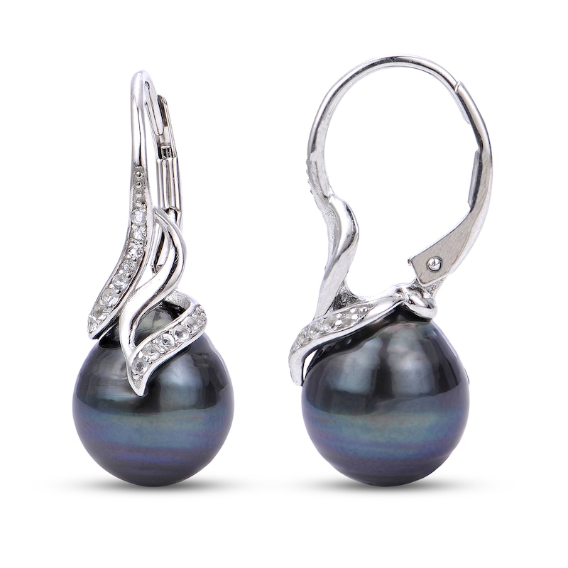 Tahitian Cultured Pearl & White Topaz Earrings Sterling Silver