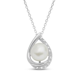 Cultured Pearl & Diamond Necklace Sterling Silver 18"
