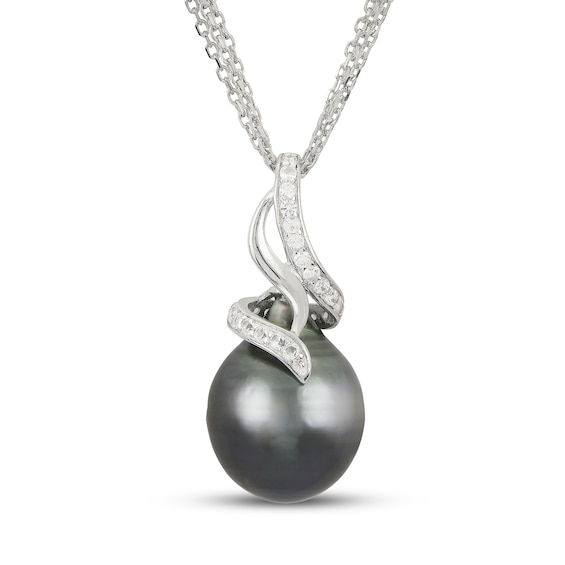 Tahitian Cultured Pearl & White Topaz Necklace Sterling Silver 20"