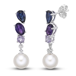Cultured Pearl/Amethyst/Blue Lab-Created Sapphire Earrings Sterling Silver