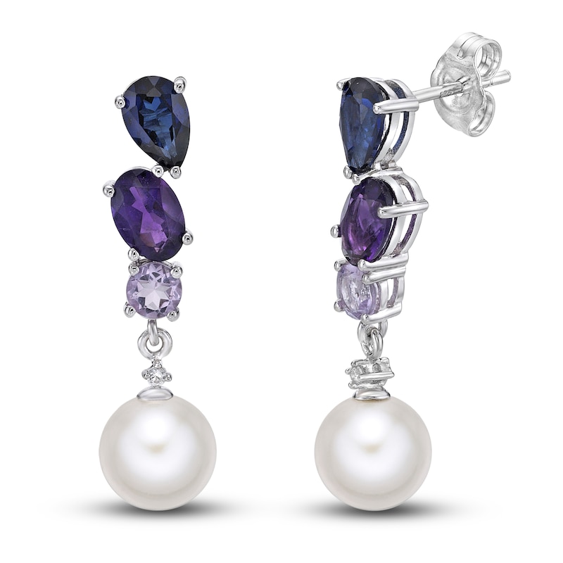 Cultured Pearl/Amethyst/Blue Lab-Created Sapphire Earrings Sterling Silver