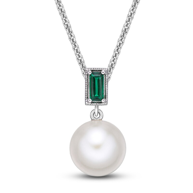 Main Image 1 of Cultured Pearl & Lab-Created Emerald Necklace Sterling Silver 18"