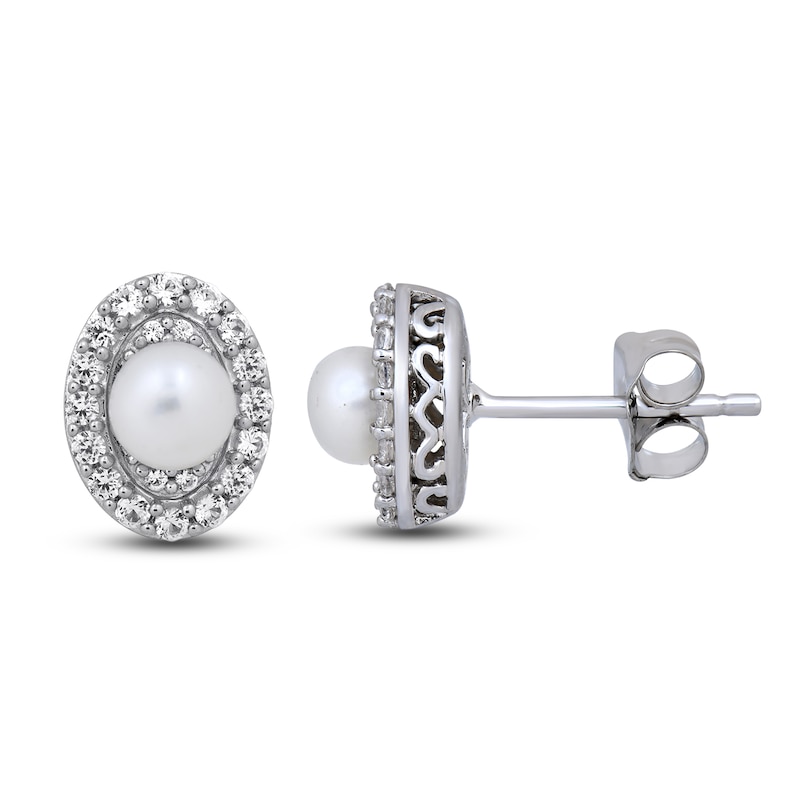 Main Image 1 of Cultured Pearl & White Lab-Created Sapphire Earrings Sterling Silver