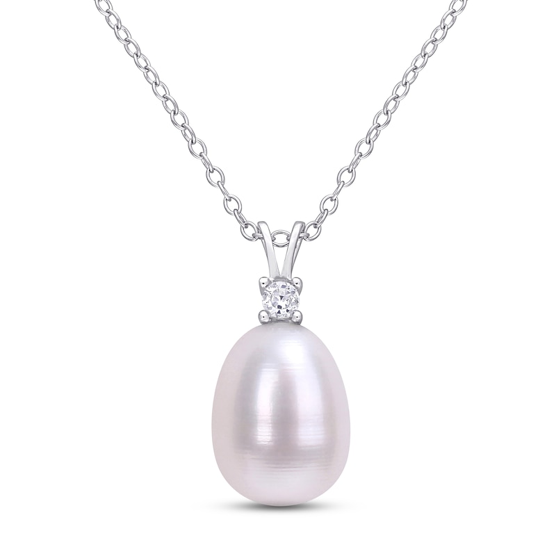 Main Image 1 of Cultured Pearl & White Lab-Created Sapphire Necklace Sterling Silver 18"
