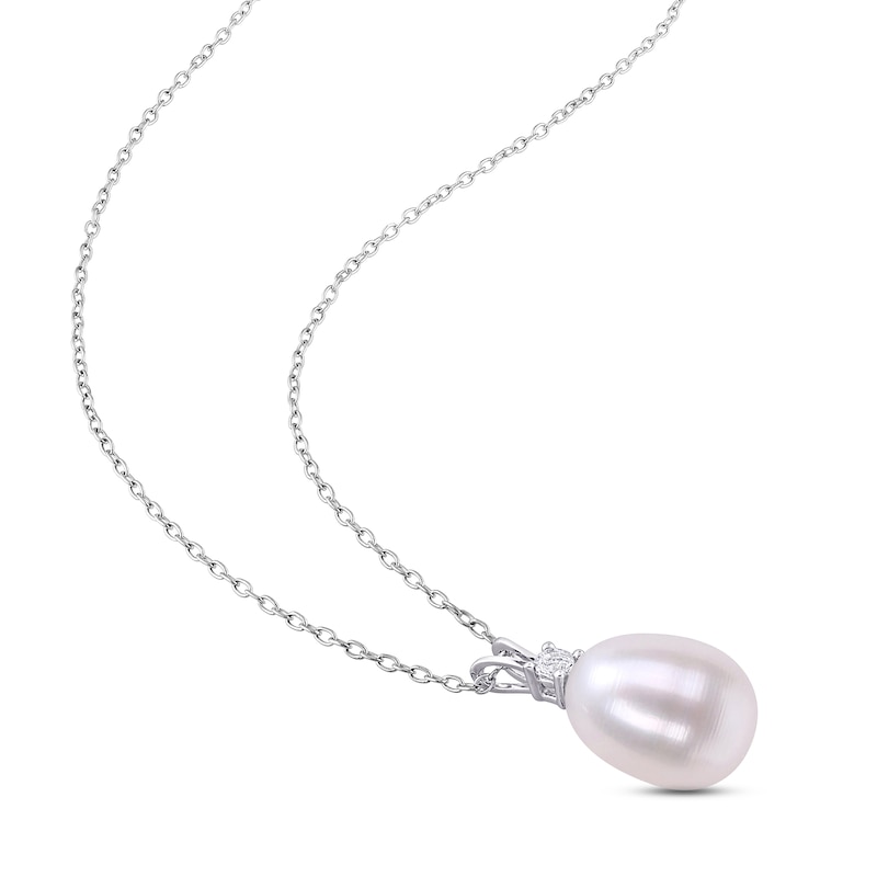Main Image 2 of Cultured Pearl & White Lab-Created Sapphire Necklace Sterling Silver 18"