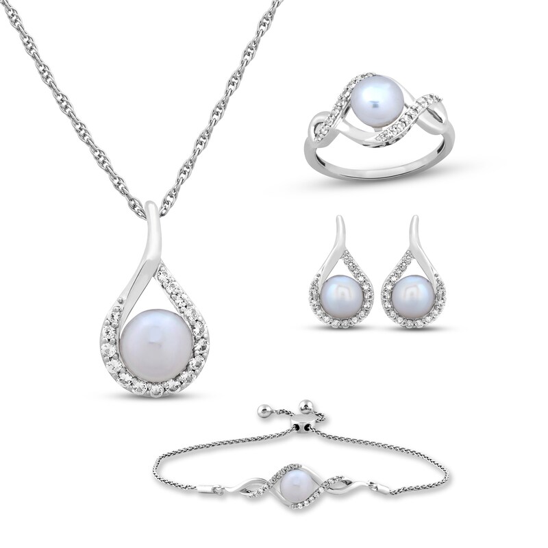 Cultured Pearl & White Lab-Created Sapphire Boxed Set Sterling Silver