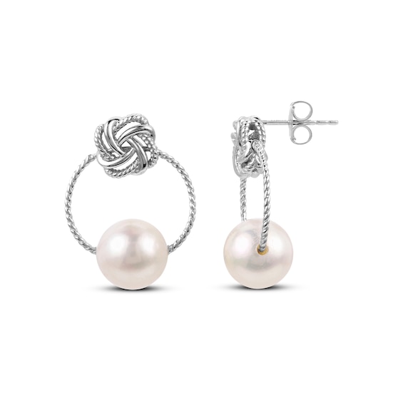 Cultured Pearl Love Knot Hoop Earrings Sterling Silver