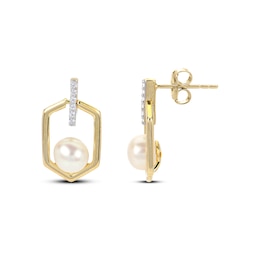 Cultured Pearl & White Lab-Created Sapphire Hexagon Earrings 14K Yellow Gold-Plated Sterling Silver