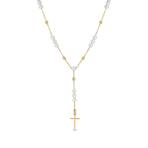 Cultured Pearl Cross Lariat Necklace 14K Yellow Gold-Plated Sterling Silver 18"