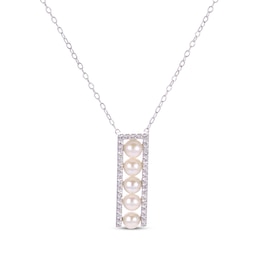 Cultured Pearl & White Lab-Created Sapphire Vertical Bar Necklace Round-Cut Sterling Silver 18"