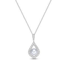 Cultured Pearl & White Lab-Created Sapphire Teardrop Necklace Sterling Silver 18"