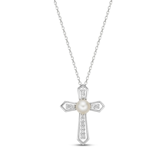 Cultured Pearl & White Topaz Cross Necklace 10K White Gold 18"