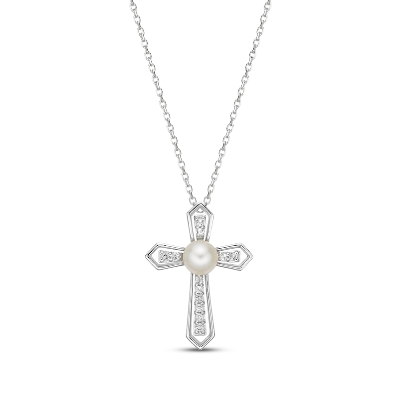 Cultured Pearl & White Topaz Cross Necklace 10K White Gold 18"