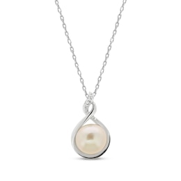 Cultured Pearl & White Lab-Created Sapphire Necklace Sterling Silver 18&quot;
