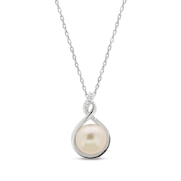 Cultured Pearl & White Lab-Created Sapphire Necklace Sterling Silver 18"