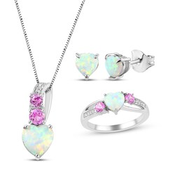Lab-Created Opal and Pink & White Lab-Created Sapphire Necklace, Earrings & Ring Gift Set Sterling Silver - Size 7