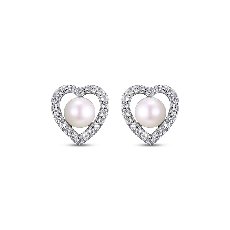 Main Image 2 of Cultured Pearl & White Lab-Created Sapphire Heart Stud Earrings Sterling Silver