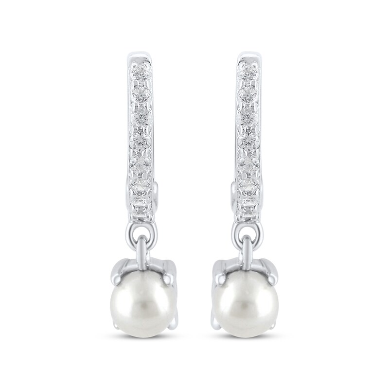 Main Image 2 of Cultured Pearl Drop & Round-Cut White Lab-Created Sapphire Hoop Earrings Sterling Silver