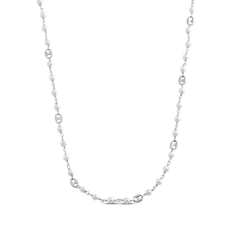 Main Image 1 of Cultured Pearl Chain Link Necklace Sterling Silver 17.5”