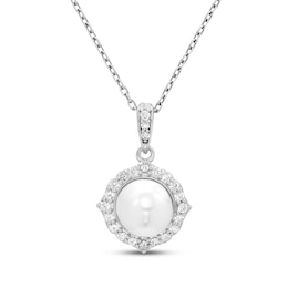 Cultured Pearl & Round-Cut White Lab-Created Sapphire Necklace Sterling Silver 18”