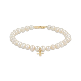 Cultured Pearl Cross Bracelet 14K Yellow Gold 6.75”