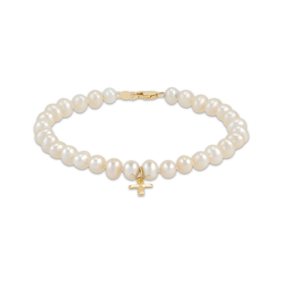 Cultured Pearl Cross Bracelet 14K Yellow Gold 6.75”