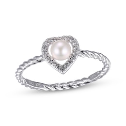 Cultured Pearl & Round-Cut White Lab-Created Sapphire Heart Ring Sterling Silver
